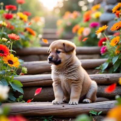 Puppy sitting in a flower garden