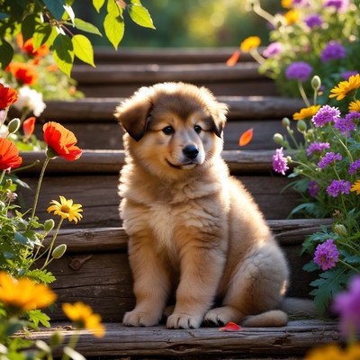 Puppy sitting on garden steps