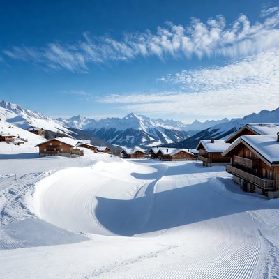 Snowy valley with wooden cabins