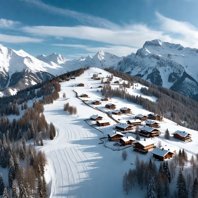 Snowy village in winter mountains