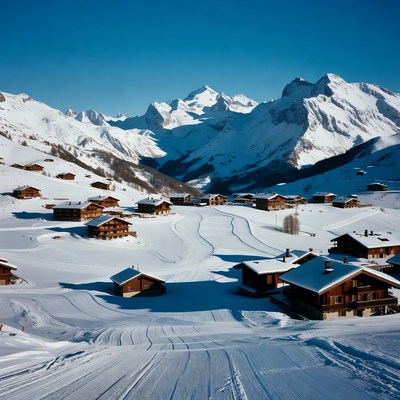 Winter village scene in the mountains