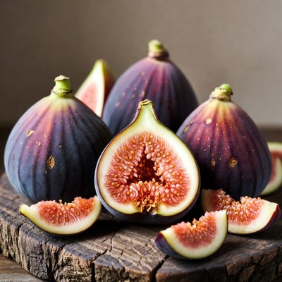 Fresh figs arranged on a wooden board