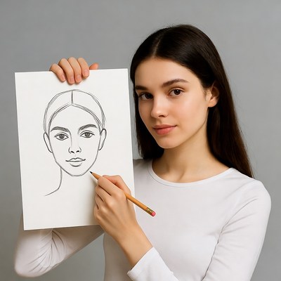 Young artist shows sketch of face