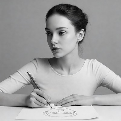 Woman drawing in black and white