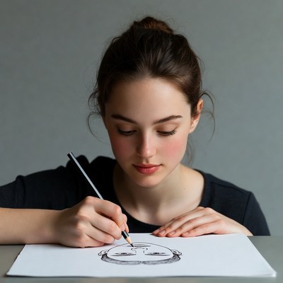 Young artist sketches a cartoon face