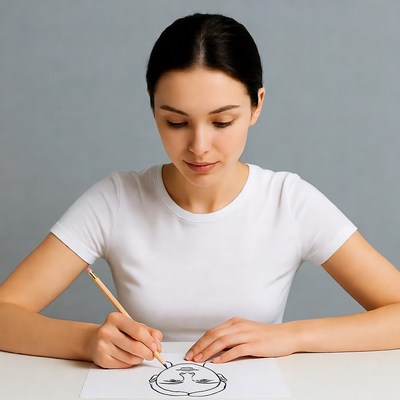 Woman drawing a face in a studio