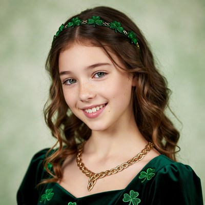 Girl in green outfit with shamrock