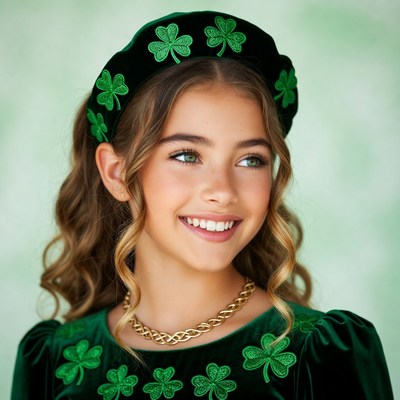 Young girl smiles with green accessories