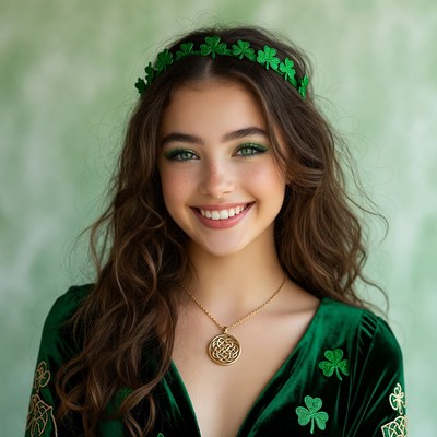 Model posing in green attire for celebration