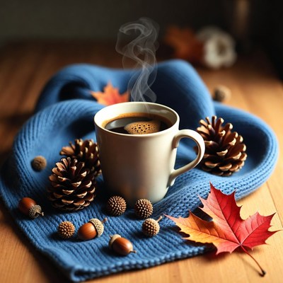 Warm cup with pinecones and leaves