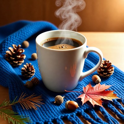 Coffee cup on blue cloth with pinecones