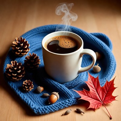 Warm drink on a cozy blanket