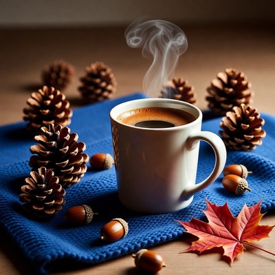 Warm coffee with pinecones in autumn