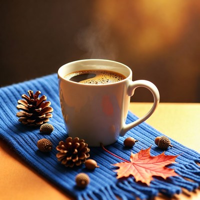 Coffee cup with autumn decor on table