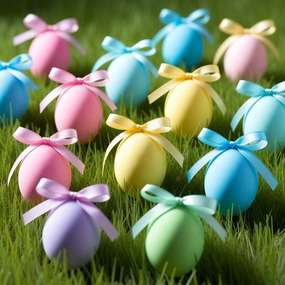 Colorful eggs on green grass