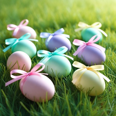 Colorful eggs on green grass