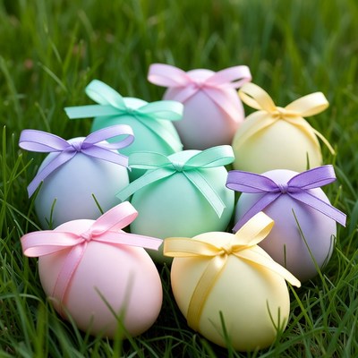 Colorful eggs in grass display