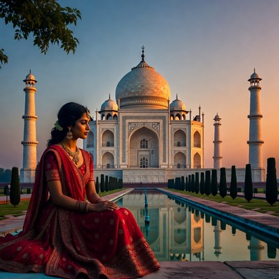 Woman in red dress at taj mahal