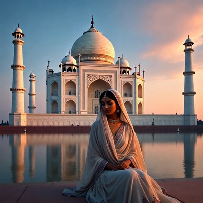 Woman by the taj mahal at sunset