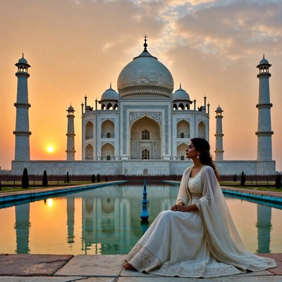 Woman at sunset by taj mahal