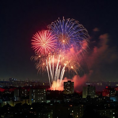 Fireworks display over city skyline