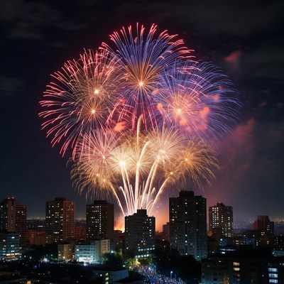 Fireworks display over city night sky