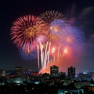 Fireworks display over city skyline