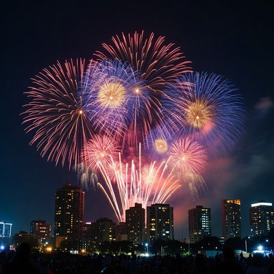 Fireworks display over city skyline