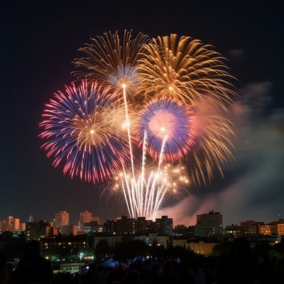 Colorful fireworks display over city