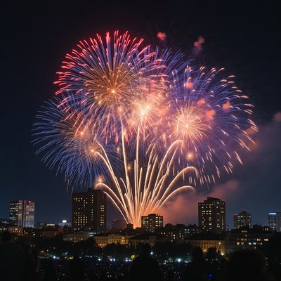 Fireworks display over city skyline