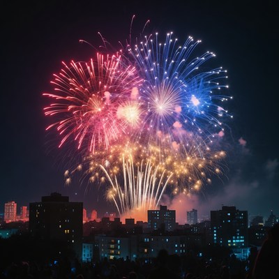 Fireworks display over city skyline