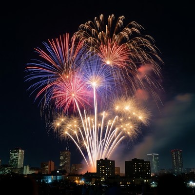 Fireworks display over city skyline