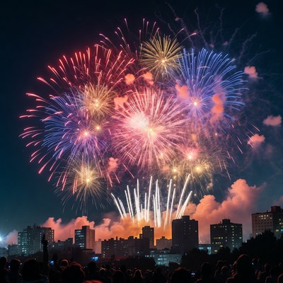Fireworks display over city skyline