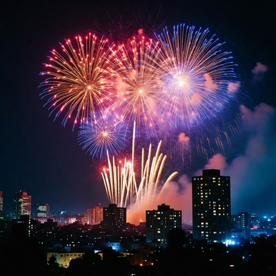 Fireworks display over city skyline