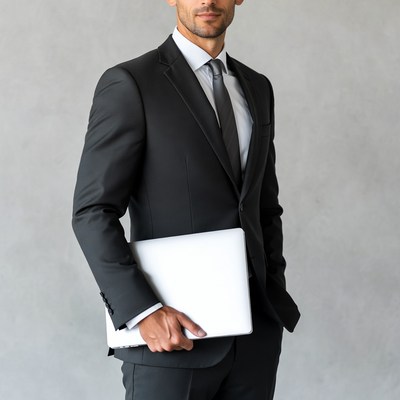 Businessman holding a laptop in office