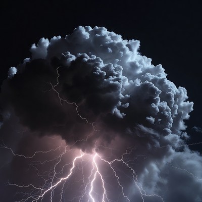 Lightning strikes under dark clouds at night