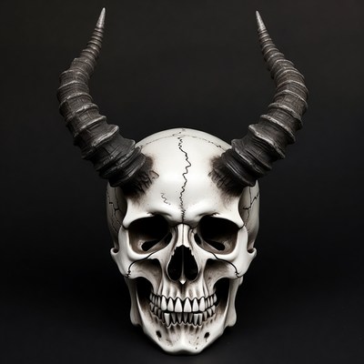 Skull with horns displayed on black background