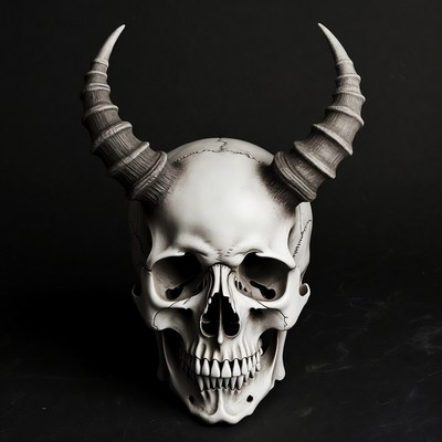 Skull with horns displayed on black background