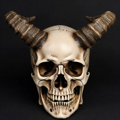 Skull with horned decorations on display