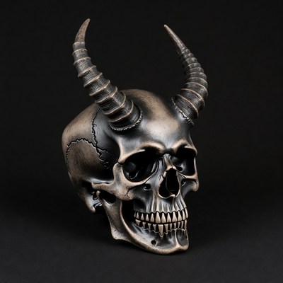 Horned skull on display with dark background