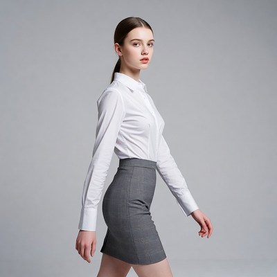 Woman walking in gray outfit in studio