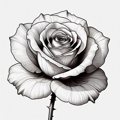 Detailed line drawing of a rose