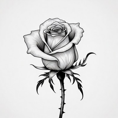 Detailed black rose drawing on white background