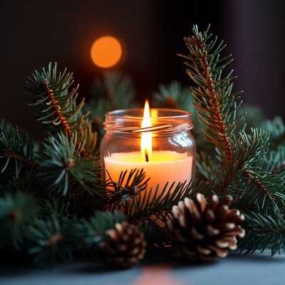 Candle and pine decoration for winter