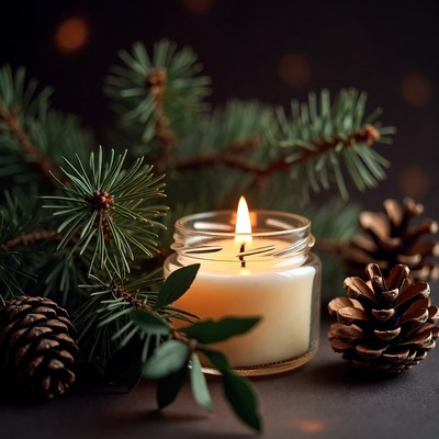 Winter candle and pine arrangement on table