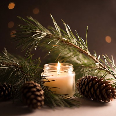 Candle with pine branches and cones