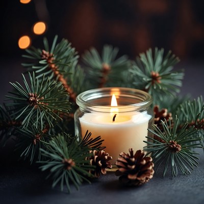 Candle and pine cones arrangement