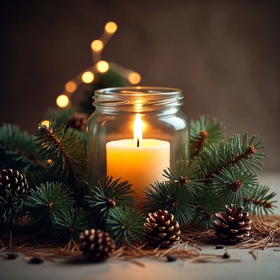 Candle light with pine branches and cones