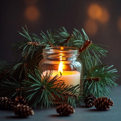 Candle with pine branches and cones