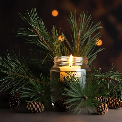 Candle among pine branches and cones